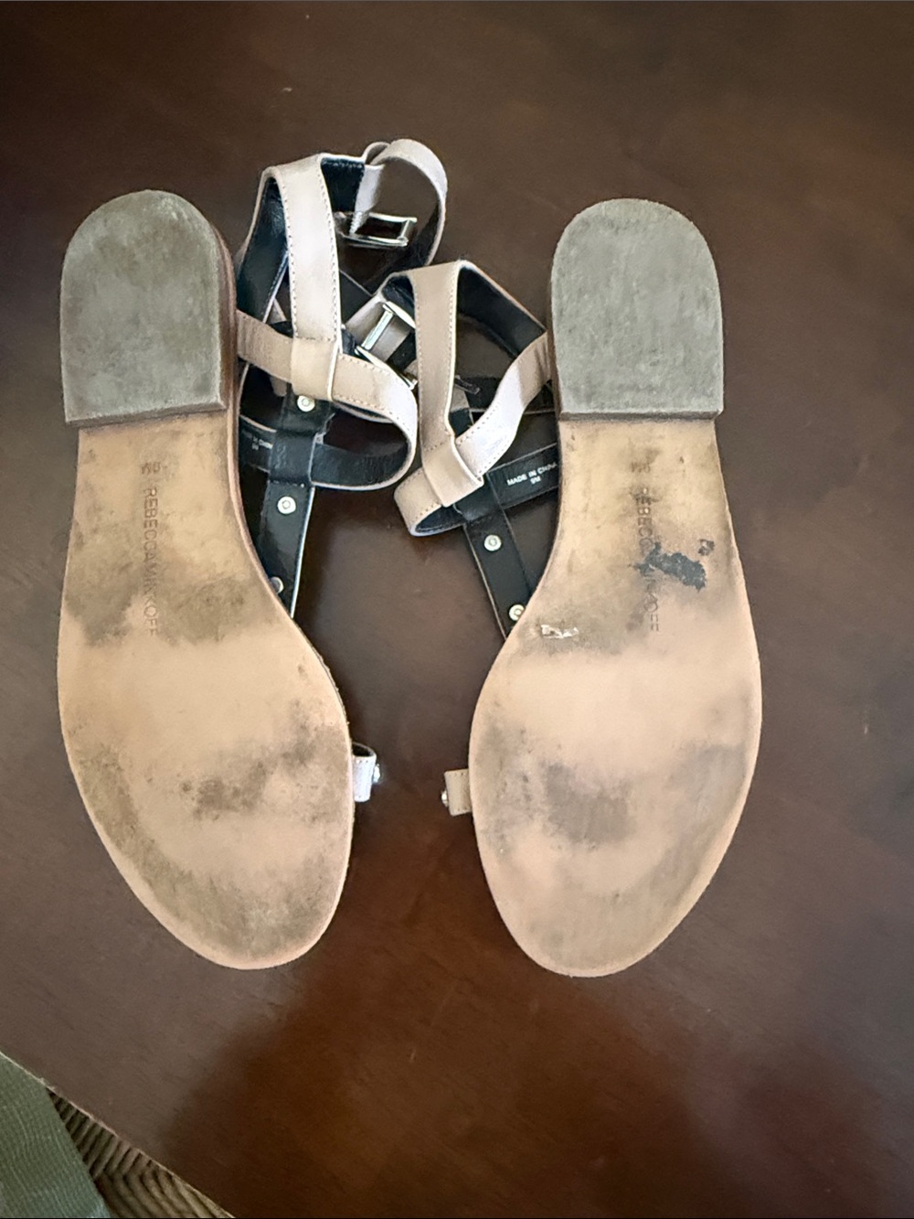 Rebecca Minkoff Beige Studded T-Strap Sandals - Picture 4 of 5